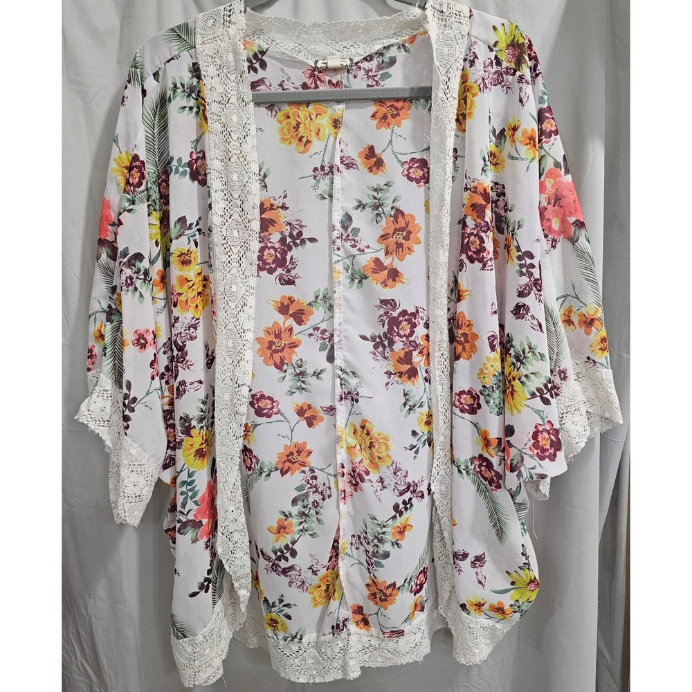 Eyeshadow Floral Kimono Wrap White Lace Trim Open‎ Front Cardigan Plus Size 2X